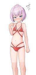 Rule 34 | 1girl, absurdres, bikini, blue eyes, dated, feet out of frame, flat chest, highres, kantai collection, looking at viewer, maru (marg0613), multi-strapped bikini, one-hour drawing challenge, pink hair, ponytail, red bikini, shiranui (kancolle), short hair, simple background, solo, swimsuit, tan, tanline, twitter username, white background