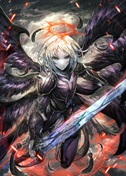 Rule 34 | 1boy, angel wings, armor, black feathers, black wings, darklord morningstar, duel monster, fallen angel, feathers, halo, holding, holding weapon, looking at viewer, magic circle, male focus, pale skin, sky, solo, sword, weapon, white hair, wings, yu-gi-oh!, yu-gi-oh! duel monsters