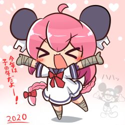 Rule 34 | &gt; &lt;, 1girl, 2020, :3, ahoge, asimo953, bandaged arm, bandaged leg, bandages, bar censor, bike shorts, blush stickers, bodysuit, bow, bowtie, braid, censored, chibi, chinese zodiac, commentary request, disney, dress, full body, gradient background, hair bow, headgear, heart, heart background, identity censor, kantai collection, long hair, mickey mouse, nenohi (kancolle), open mouth, outstretched arms, pink background, pink hair, polka dot, polka dot background, red bow, sailor collar, sailor dress, short sleeves, sidelocks, single braid, translation request, x3, year of the rat