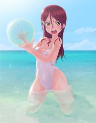 Rule 34 | 10s, 1girl, ball, beachball, blue sky, blush, breasts, casual one-piece swimsuit, cleavage, cloud, covered navel, day, hair between eyes, hair ornament, hairclip, highleg, highleg swimsuit, highres, horizon, kneeling, long hair, love live!, love live! sunshine!!, medium breasts, ocean, one-piece swimsuit, open mouth, outdoors, partially submerged, red hair, sakurauchi riko, see-through, sky, solo, standing, swimsuit, une, water, white one-piece swimsuit, yellow eyes