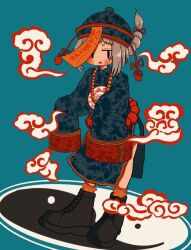 Rule 34 | 1girl, ankle boots, aqua background, black footwear, boots, camouflage, camouflage dress, camouflage headwear, china dress, chinese clothes, cloud, dress, floating hair, full body, grey dress, grey hair, grey hat, hat, jewelry, jiangshi, jitome, long sleeves, looking at viewer, medium hair, nao97122, necklace, ofuda, ofuda on clothes, open mouth, orange socks, original, pearl necklace, qingdai guanmao, side slit, simple background, sleeve cuffs, sleeves past fingers, sleeves past wrists, socks, solo, standing, tassel, whorled clouds, wide sleeves, yin yang