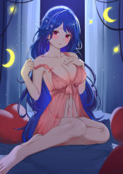 Rule 34 | 1girl, babydoll, bare arms, bare legs, bare shoulders, barefoot, blue hair, breasts, cleavage, collarbone, commission, hand on own chest, hands up, highres, lingerie, long hair, looking at viewer, medium breasts, navel, nev (nevblindarts), original, parted lips, pink babydoll, red eyes, see-through, sitting, solo, underwear, underwear only, very long hair, yokozuwari