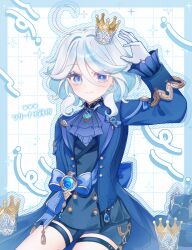 Rule 34 | 1girl, absurdres, ahoge, ascot, blue ascot, blue border, blue eyes, blue jacket, blue outline, blue shirt, blue shorts, blush, border, brooch, closed mouth, crown, furina (genshin impact), genshin impact, gloves, grid background, hair between eyes, hair intakes, hand up, heterochromia, highres, jacket, jewelry, long hair, looking at viewer, mini crown, open clothes, open jacket, outline, outside border, shirt, shorts, sidelocks, simple background, smile, solo, sorase 610, vision (genshin impact), white background, white gloves, white hair