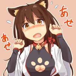 Rule 34 | 1girl, animal ears, bell, belt collar, blush, breasts, brown eyes, brown hair, cat ears, cat paw cutout, cleavage cutout, clothing cutout, collar, collarbone, commentary request, covered collarbone, d:, dot nose, fang, flying sweatdrops, furrowed brow, hair between eyes, hair ribbon, hands up, head tilt, jingle bell, long hair, long sleeves, looking at viewer, medium breasts, neck bell, nose blush, open mouth, original, parted bangs, paw pose, pink background, red collar, red ribbon, ribbon, simple background, solo, tears, translation request, tress ribbon, underboob, upper body, utouto