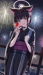 Rule 34 | 1girl, absurdres, alternate costume, animal ears, black choker, black hair, black kimono, blue archive, candy, candy apple, cat ears, cat girl, choker, colored inner hair, commentary request, extra ears, fireworks, food, hair ornament, halo, highres, holding, holding candy, holding food, japanese clothes, kazusa (blue archive), kimono, multicolored hair, night, night sky, obi, open mouth, outdoors, pink hair, pink halo, purple sash, rama (yu-light8), red eyes, sash, short hair, sky, smile, solo, wide sleeves