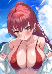 Rule 34 | 1girl, :o, absurdres, bikini, blue sky, blush, breasts, cleavage, clothes pull, cloud, collarbone, day, earrings, glint, gold earrings, gold necklace, gold trim, heart, heart-shaped pupils, heart earrings, heart necklace, heterochromia, high ponytail, highres, hololive, houshou marine, houshou marine (summer), jewelry, large breasts, long hair, looking at viewer, necklace, off shoulder, outdoors, parted lips, pulled by self, red bikini, red eyes, red hair, shirt, shirt pull, sky, solo, sunlight, swimsuit, symbol-shaped pupils, virtual youtuber, white shirt, yellow eyes, zyunsei777