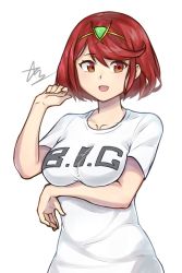 Rule 34 | 1girl, breasts, hair ornament, headpiece, highres, hoseki1510, large breasts, looking at viewer, nintendo, open mouth, pyra (xenoblade), red eyes, red hair, shirt, short hair, swept bangs, tiara, white shirt, xenoblade chronicles (series), xenoblade chronicles 2