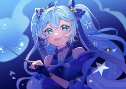 Rule 34 | 1girl, bare shoulders, blue background, blue bow, blue choker, blue dress, blue eyes, blue gloves, blue hair, blue ribbon, blue theme, bow, bow choker, choker, commentary, conductor baton, dress, fingerless gloves, gloves, gold trim, hair ornament, hair ribbon, hairclip, hatsune miku, highres, holding, holding wand, light blue hair, long hair, magic, masumofu, musical note, musical note print, open mouth, ribbon, smile, snowflake hair ornament, snowflake print, snowflakes, solo, star (symbol), star hair ornament, striped ribbon, treble clef, twintails, upper body, very long hair, vocaloid, wand, yuki miku, yuki miku (2017)