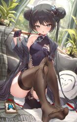 Rule 34 | 1girl, black dress, black gloves, black hair, black thighhighs, blue archive, breasts, butterfly hair ornament, china dress, chinese clothes, coat, doodle sensei (blue archive), double bun, dragon print, dress, feet, gloves, grey coat, grey eyes, grey halo, hair bun, hair ornament, halo, highres, indoors, kisaki (blue archive), long hair, looking at viewer, open clothes, open coat, open mouth, plant, potted plant, sensei (blue archive), small breasts, solo, striped coat, thighhighs, twintails, vertical-striped coat, yoyopipa