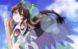 Rule 34 | 1girl, arm cannon, blurry, blush, bow, cape, day, depth of field, feathered wings, frilled shirt collar, frills, grin, hair between eyes, hair bow, highres, lens flare, long hair, looking at viewer, ninniku (mfu7324), outdoors, puffy short sleeves, puffy sleeves, red eyes, reiuji utsuho, shirt, short sleeves, sky, sleeves past elbows, smile, solo, touhou, tree, upper body, weapon, wings