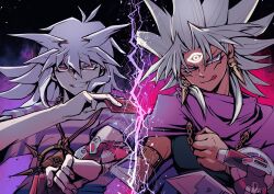 Rule 34 | 2boys, :q, brown hair, clenched teeth, commentary request, dark-skinned male, dark skin, duel disk, grey hair, lightning, male focus, millennium ring, multiple boys, purple eyes, red eyes, smile, spiked hair, teeth, tongue, tongue out, upper body, yagamikan, yami bakura, yami marik, yu-gi-oh!, yu-gi-oh! duel monsters