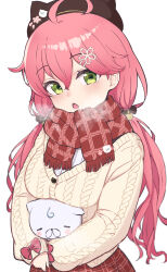 Rule 34 | 1girl, 35p (sakura miko), absurdres, ahoge, animal ear headwear, animal ears, aran sweater, beret, blush, breast rest, breasts, breath, brown hat, cable knit, cardigan, cold, commentary, cowboy shot, eternaltanbo, expressionless, fake animal ears, flower, green eyes, hair between eyes, hair flower, hair ornament, hairclip, hat, highres, hololive, long hair, looking at viewer, low twintails, medium breasts, official alternate costume, open mouth, pink hair, plaid, plaid scarf, plaid skirt, red scarf, red skirt, sakura miko, sakura miko (casual), scarf, shirt, simple background, skirt, sleeves past wrists, solo, standing, sweater, twintails, virtual youtuber, white background, white shirt, winter clothes, yellow cardigan