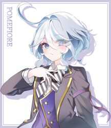 Rule 34 | 1girl, black jacket, blue eyes, blue hair, border, bow, bowtie, closed mouth, cosplay, crossover, furina (genshin impact), genshin impact, hair between eyes, heterochromia, highres, jacket, light blue hair, long hair, long sleeves, looking at viewer, multicolored hair, night raven college uniform, pomepome1207, purple vest, school uniform, solo, streaked hair, striped bow, striped bowtie, striped clothes, twisted wonderland, vest, white background, white bow, white bowtie, white hair