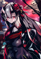 Rule 34 | 1girl, aoi rt0, bell, commentary request, double bun, hair bell, hair between eyes, hair bun, hair ornament, highres, hololive, horns, long hair, looking at viewer, looking to the side, mask, mask on head, nakiri ayame, nakiri ayame (1st costume), oni mask, red eyes, sidelocks, silver hair, skin-covered horns, solo, virtual youtuber
