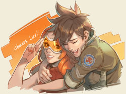 Rule 34 | 2girls, :d, bad id, bad pixiv id, bare shoulders, bomber jacket, brown hair, brown jacket, chest harness, closed eyes, couple, emily (overwatch), eyelashes, freckles, fur trim, goggles, green eyes, grin, hage2013, hand to head, happy, harness, hug, hug from behind, jacket, leather, leather jacket, lipstick, long hair, looking at viewer, makeup, military rank insignia, multiple girls, nail polish, nose, open mouth, orange hair, orange nails, orange sweater, overwatch, overwatch 1, pink lips, ribbed sweater, salute, short hair, short sleeves, sleeveless, sleeves rolled up, smile, spiked hair, strap, sweater, swept bangs, teeth, tracer (overwatch), turtleneck, turtleneck sweater, two-finger salute, upper body, yuri