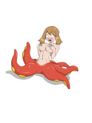 Rule 34 | 1girl, blush, brown hair, covering breasts, covering privates, creatures (company), game freak, gen 2 pokemon, highres, humanization, johnhd11, may (pokemon), monster girl, nintendo, nude, octillery, pokemon, pokemon rse, scylla, solo, transformation