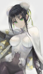 Rule 34 | 1girl, armored gloves, black hair, black pantyhose, breasts, bun cover, cape, chinese clothes, closed mouth, cloud print, covered navel, double bun, dress, elbow gloves, fate/grand order, fate (series), gloves, green eyes, green ribbon, grey background, hair bun, looking at viewer, medium breasts, pantyhose, qin liangyu (fate), ribbon, sidelocks, simple background, smile, solo, tomatika, white cape, white dress