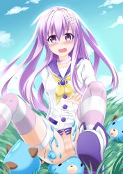 Rule 34 | 10s, 1girl, absurdres, blush, breasts, catstudioinc (punepuni), censored, d-pad, dogoo, hair ornament, highres, long hair, nepgear, neptune (series), no panties, open mouth, purple eyes, purple hair, pussy, slime, solo, solo focus, striped clothes, striped thighhighs, thigh strap, thighhighs, uncensored