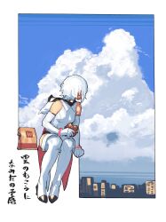 Rule 34 | 1girl, absurdres, bare shoulders, breasts, bukimi isan, city, cloud, food, gloves, high heels, highres, holding, holding food, hood, hood down, leotard, looking back, short hair, shy (character), shy (series), small breasts, solo, thighhighs, wcdonald&#039;s, white gloves, white hair, white leotard, white thighhighs