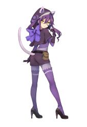 Rule 34 | 1girl, :o, animal ears, bow, cat ears, fujisaki (graphic loops), full body, gloves, high heels, highres, kaitou hunter cat, long hair, looking at viewer, official art, pantyhose, purple hair, simple background, skirt, solo, thighhighs, toys drive, white background, yellow eyes