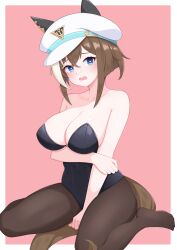 Rule 34 | 1girl, absurdres, alternate costume, animal ears, ass, bare shoulders, bent over, blue eyes, breasts, brown hair, cheval grand (umamusume), cleavage, commentary request, ear covers, hat, highres, horse ears, horse girl, horse tail, looking at viewer, medium breasts, nontraditional playboy bunny, on ground, open mouth, pantyhose, peaked cap, pink background, seamed legwear, simple background, sitting, solo, sweat, table, tail, thighband pantyhose, thighs, tsubame tien, umamusume, wariza, white background, white hat