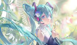 Rule 34 | aqua hair, aqua nails, artificial wings, black sleeves, detached sleeves, flower, hair flower, hair ornament, hatsune miku, hatsune miku happy 16th birthday -dear creators-, headphones, headset, highres, kako (pixiv77158173), long hair, multicolored eyes, nature, necktie, piano keys, shirt, sleeveless, sleeveless shirt, twintails, very long hair, vocaloid