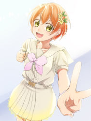 Rule 34 | 1girl, a song for you! you? you!, artist name, artist request, belt, blush, bow, bowtie, breasts, clenched hand, female focus, flat chest, flower, green eyes, hair between eyes, hair flower, hair ornament, highres, hoshizora rin, leaf hair ornament, looking at viewer, love live!, love live! school idol festival, love live! school idol project, miniskirt, nail, nail polish, neckerchief, orange hair, parted lips, pink bow, pink nails, pink neckerchief, pink scrunchie, plaid, plaid skirt, pleated, pleated skirt, sailor collar, scrunchie, shirt, short hair, short sleeves, skirt, small breasts, smile, solo, v, white background, white belt, white sailor collar, white shirt, white skirt, wrist scrunchie, yellow eyes, yellow flower
