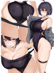 Rule 34 | 1girl, absurdres, ass, bare shoulders, black hair, breasts, cleavage, collarbone, highleg, highleg swimsuit, highres, jacket, large breasts, leaning forward, looking at viewer, maruyaa (malya1006), multiple views, off shoulder, one-piece swimsuit, open mouth, original, purple eyes, short hair, swimsuit, thighs