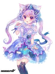 Rule 34 | 1girl, :d, amo (shibu3), animal ear legwear, animal ears, animal print, artist name, badge, black nails, black thighhighs, blue bow, blue dress, blush, bow, button badge, cat ear legwear, cat ears, cat print, center frills, chain, chain necklace, commentary request, dress, fang, frilled bow, frills, glitter, hair bow, highres, jewelry, long hair, looking at viewer, multicolored clothes, multicolored dress, nail polish, neck ribbon, necklace, open mouth, original, over-kneehighs, overskirt, paw pose, pendant, print dress, purple dress, purple eyes, purple hair, purple ribbon, ribbon, sash, simple background, skirt hold, smile, solo, sparkle, thighhighs, twintails, v-shaped eyebrows, white background, wrist cuffs