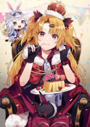 Rule 34 | 2girls, absurdres, akatsuki uni, animal ears, artist name, birthday cake, black gloves, blonde hair, blush, cake, cape, chibi, colored inner hair, confetti, crown, dress, eating, fingernails, food, fruit, fur-trimmed cape, fur trim, gift, glove bow, gloves, grey hair, hair ornament, hairclip, hands up, happy birthday, highres, holding, holding food, holding fruit, huge filesize, long hair, mochizuki himari, multicolored hair, multiple girls, open mouth, orange eyes, parted bangs, partially fingerless gloves, rabbit ears, red eyes, sitting, strawberry, thighhighs, throne, two side up, ujou, uni create, virtual youtuber, zipper pull tab