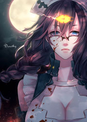 Rule 34 | 1girl, absurdres, bad id, bad twitter id, blood, blood on face, blood splatter, blue eyes, braid, breasts, character name, cleavage, closed mouth, dorothy (sinoalice), empty eyes, expressionless, full moon, glasses, glowing, hair ornament, hairclip, hat, highres, large breasts, long hair, looking at viewer, moon, night, night sky, npyon3, nurse cap, purple hair, sinoalice, sky, solo