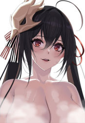 Rule 34 | 1girl, ahoge, azur lane, bare shoulders, black hair, breasts, cleavage, commentary request, completely nude, hair between eyes, hair ornament, hair ribbon, large breasts, long hair, mask, mask on head, nude, open mouth, red eyes, ribbon, sweat, taihou (azur lane), twintails, white background, whoosaku