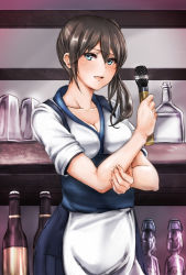 Rule 34 | 10s, 1girl, adapted costume, apron, asymmetrical hair, blue-burn, blue eyes, breasts, brown hair, cleavage, hair between eyes, japanese clothes, kaga (kancolle), kantai collection, long hair, looking at viewer, microphone, open mouth, short hair, side ponytail, sleeves rolled up, solo, waist apron