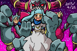Rule 34 | 1boy, 1girl, 2015, blush, claws, corruption, creatures (company), dated, game freak, gen 6 pokemon, giant, grabbing, grabbing from behind, hoopa, hoopa (unbound), legendary pokemon, meray (pokemon), mythical pokemon, nintendo, no humans, pokemon, pokemon (anime), pokemon (creature), pokemon the movie: hoopa and the clash of ages, pokemon xy (anime), restrained, sexually suggestive, sharp teeth, size difference, teeth, tokunogawa