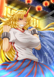 Rule 34 | 1girl, archienemy, blonde hair, blue skirt, breasts, chain, demon, female focus, festival, grin, horns, hoshiguma yuugi, huge breasts, large breasts, long hair, long skirt, multicolored clothes, multicolored skirt, night, one eye closed, oni, outdoors, red eyes, shirt, single horn, skirt, smile, solo, standing, striped clothes, striped skirt, touhou, vertical-striped clothes, vertical-striped skirt
