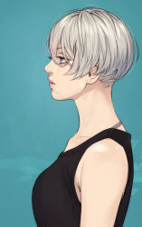Rule 34 | 1girl, aqua background, bags under eyes, blue background, blue eyes, bob cut, collarbone, eyelashes, from side, original, parted lips, profile, red lips, shiohara shin&#039;ichi, short hair, silver hair, simple background, sleeveless, solo, tank top, upper body