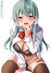 Rule 34 | 1girl, aqua hair, black bra, black panties, blush, bow, bowtie, bra, breasts, brown thighhighs, cleavage, ebifurya, green eyes, hair ornament, hairclip, hand to own mouth, highres, kantai collection, large breasts, long hair, looking at viewer, one-hour drawing challenge, open clothes, open mouth, open shirt, orange bow, orange bowtie, panties, panty pull, shirt, sidelocks, simple background, sitting, solo, suzuya (kancolle), suzuya kai ni (kancolle), thighhighs, twitter username, underwear, white background, white shirt