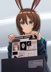 Rule 34 | 1girl, amiya (arknights), animal ears, arknights, blue eyes, brown hair, rabbit ears, character name, commentary request, english text, eyjafjalla (arknights), jacket, jewelry, light bulb, paper, paper shredder, photo (object), ring, solo, yandere