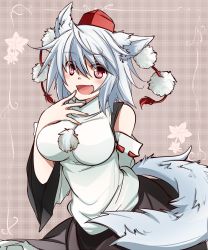 Rule 34 | 1girl, animal ears, asyuaffw, blush, breasts, detached sleeves, hair between eyes, hand to own mouth, hat, highres, inubashiri momiji, large breasts, looking at viewer, open mouth, plaid, plaid background, pom pom (clothes), red eyes, ribbon-trimmed sleeves, ribbon trim, shirt, short hair, silver hair, skirt, solo, tail, tokin hat, touhou, upper body, wolf ears, wolf tail