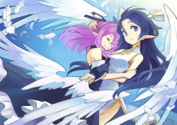 Rule 34 | 2girls, angel wings, bad id, bad pixiv id, bare shoulders, blue eyes, blue hair, china dress, chinese clothes, closed eyes, dress, face, feathers, flying, highres, hug, long hair, minoa (lastswallow), multiple girls, original, pink hair, pointy ears, wings