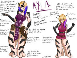 Rule 34 | absurdres, antennae, asymmetrical bangs, asymmetrical hair, ayla (cpt.tester), belt, character sheet, choker, claws, cpt.tester works, cyclops, exoskeleton, extra breasts, extra legs, full body, height difference, highres, horns, multicolored hair, nebula eyes, one-eyed, one-piece swimsuit, pouch, skirt, spikes, sweater, swimsuit, tattoo, turtleneck