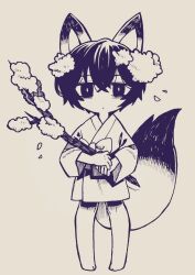 Rule 34 | 1boy, aged down, animal ears, barefoot, branch, chibi, e.g.o (project moon), flower, fox ears, fox tail, hair flower, hair ornament, holding, holding branch, japanese clothes, kimono, limbus company, male focus, project moon, solo, standing, tail, touma rui, yi sang (project moon)