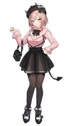 Rule 34 | 1girl, absurdres, bag, black bow, black footwear, black nails, black skirt, bow, brown pantyhose, closed mouth, copyright request, demon tail, full body, hand on own hip, handbag, hat, highres, long sleeves, looking at viewer, medium hair, nail polish, pantyhose, pink shirt, polka dot, polka dot shirt, shirt, shoes, simple background, skirt, smile, solo, striped, striped bow, tail, thigh strap, tunamayo (dsasd751), white background