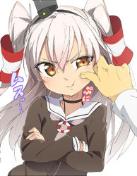 Rule 34 | &gt;:t, 10s, 1girl, :t, amatsukaze (kancolle), brown dress, brown eyes, cheek pinching, choker, crossed arms, dress, finger to cheek, gloves, hair between eyes, hair tubes, kantai collection, lifebuoy, long hair, long sleeves, magenta (atyana), pinching, sailor dress, silver hair, simple background, single glove, solo focus, swim ring, two side up, v-shaped eyebrows, white background, white gloves