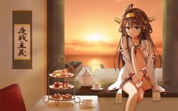 Rule 34 | 10s, 1girl, ahoge, bare shoulders, barefoot, brown eyes, brown hair, cake, cup, desk, detached sleeves, double bun, dusk, fish20107, food, frilled skirt, frills, hairband, harbor, headgear, hugging own legs, japanese clothes, kantai collection, kongou (kancolle), leg up, long hair, nontraditional miko, sitting, skirt, solo, sunset, teacup, teapot, tiered tray