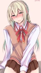 Rule 34 | 1boy, alternate costume, amputee, bad id, bad pixiv id, bedivere (fate), blush, bow, bowtie, brown skirt, crossdressing, fate/grand order, fate/stay night, fate (series), green eyes, hair between eyes, highres, homurahara academy school uniform, long hair, long sleeves, looking at viewer, male focus, miniskirt, pleated skirt, school uniform, shisei (kyuushoku banchou), skirt, solo, twitter username