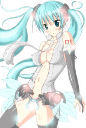 Rule 34 | 1girl, :o, aqua eyes, aqua hair, bad id, bad pixiv id, blush, breasts, bridal gauntlets, censored, center opening, cleavage, convenient censoring, elbow gloves, covered erect nipples, gloves, hatsune miku, hatsune miku (append), impossible clothes, impossible shirt, long hair, miku-hadu, navel, necktie, shirt, solo, thighhighs, vocaloid, vocaloid append