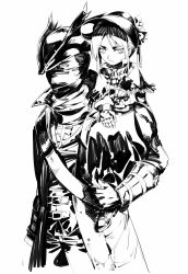 Rule 34 | 1boy, 1girl, belt, bloodborne, bonnet, chibi, child, closed mouth, coat, covered mouth, doll joints, greyscale, hat, hunter (bloodborne), joints, looking at viewer, manly, mask, monochrome, multiple belts, on shoulder, open clothes, open coat, plain doll, pointing, ruukii drift, simple background, skirt, standing, tricorne, white background