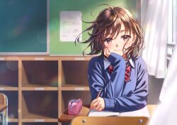 Rule 34 | 1girl, blue sweater, blurry, blurry foreground, bow, brown eyes, brown hair, chair, collared shirt, commentary request, curtains, day, depth of field, desk, diagonal-striped bow, highres, holding, holding pencil, indoors, long sleeves, looking at viewer, morikura en, original, pencil, pencil case, red bow, school chair, school desk, school uniform, shirt, sleeves past wrists, solo, sunlight, sweater, upper body, white shirt, window