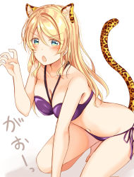 Rule 34 | 1girl, :o, animal ears, ayase eli, barefoot, bikini, blonde hair, blush, breasts, claw pose, cleavage, commentary request, fang, gao, hair between eyes, hair down, halterneck, kemonomimi mode, leopard ears, leopard tail, looking at viewer, love live!, love live! school idol project, medium breasts, mogu (au1127), navel, purple bikini, side-tie bikini bottom, solo, squatting, swimsuit, tail, v-shaped eyebrows, white background